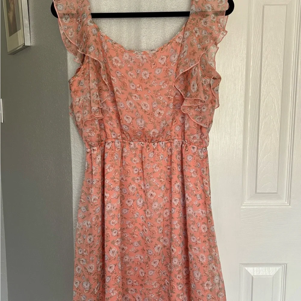 New Look Peach Floral Dress Size 16 Ruffles - Picture 7 of 12